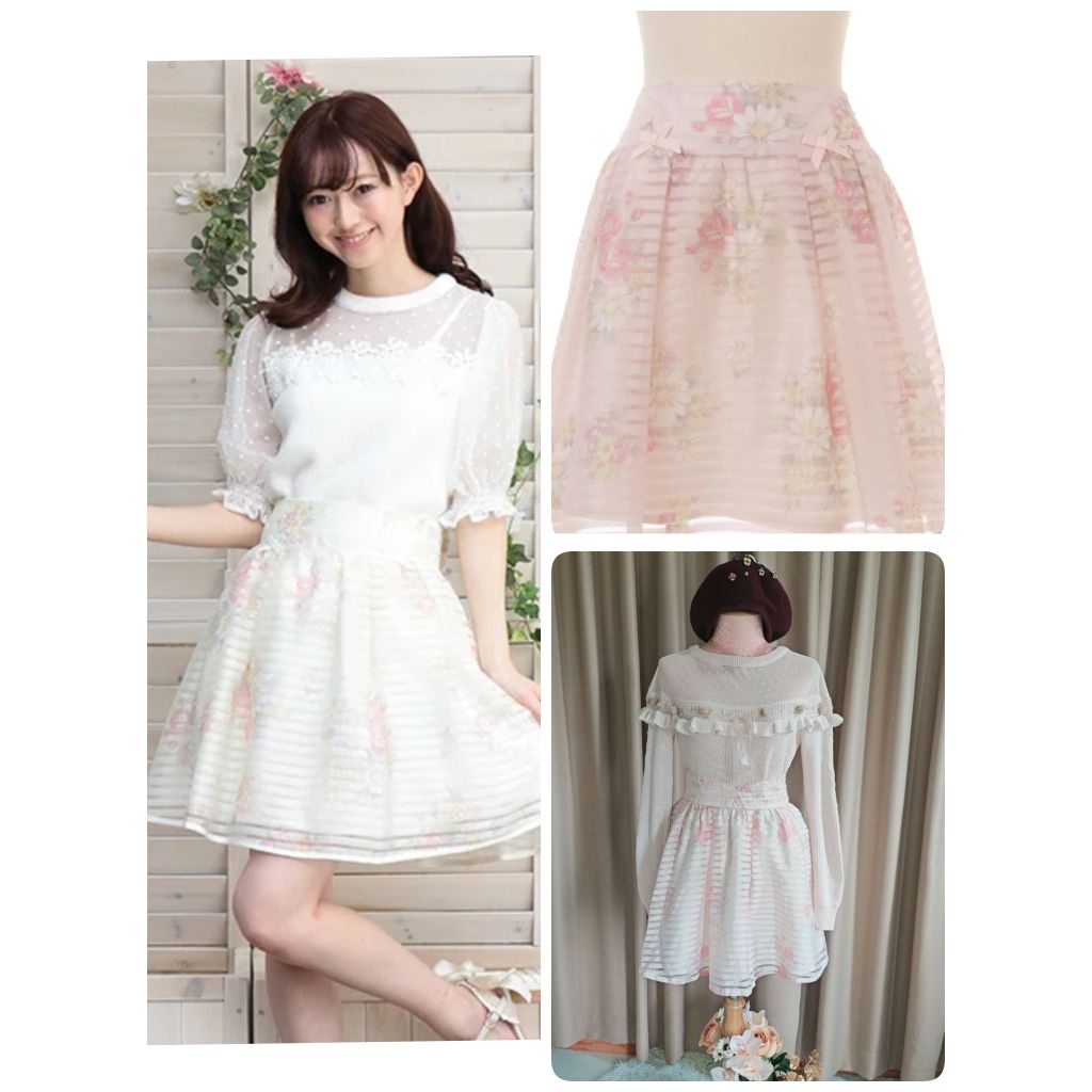 กระโปรง แบรนด์ Lizlisa มือ 1 ขอลงใหม่ สีชมพูลายดอกไม้ประดับกระดุมดอกไม้ สวยน่ารักมากๆ 😘💕แบรนด์ญี่ปุ่