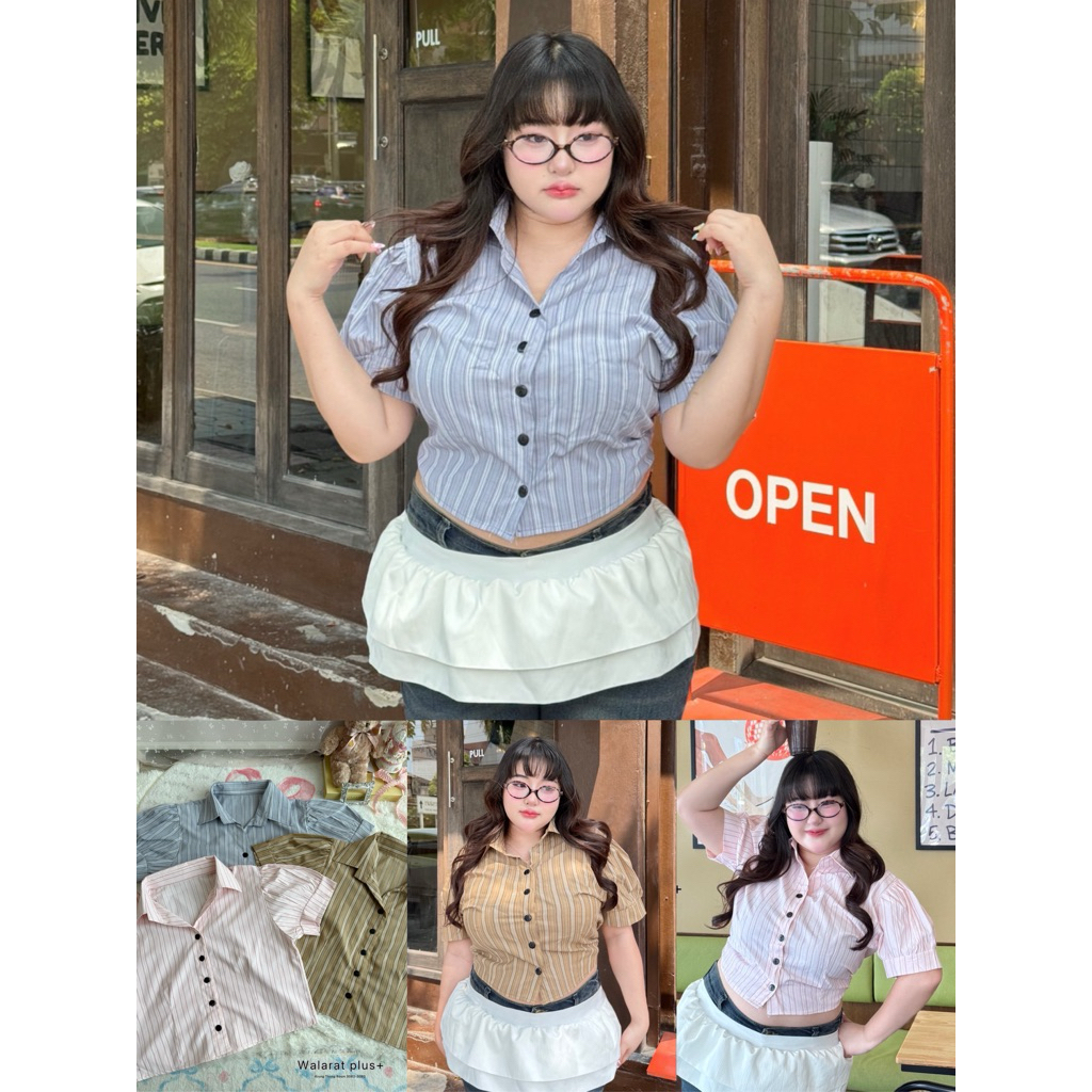 เสื้อเชิ้ตครอป ลายริ้ว เสื้อเชิ้ต อก36-48นิ้ว เสื้อสาวอวบ Walarat plus