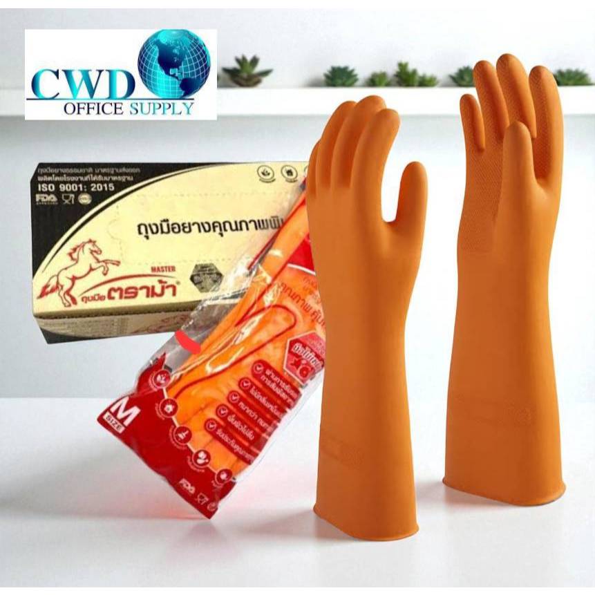 ถุงมือแม่บ้าน ถุงมือยางธรรมชาติ สีส้ม ตราม้า (12คู่/กล่อง)มีไซด์ M,L กลิ่นเลมอน