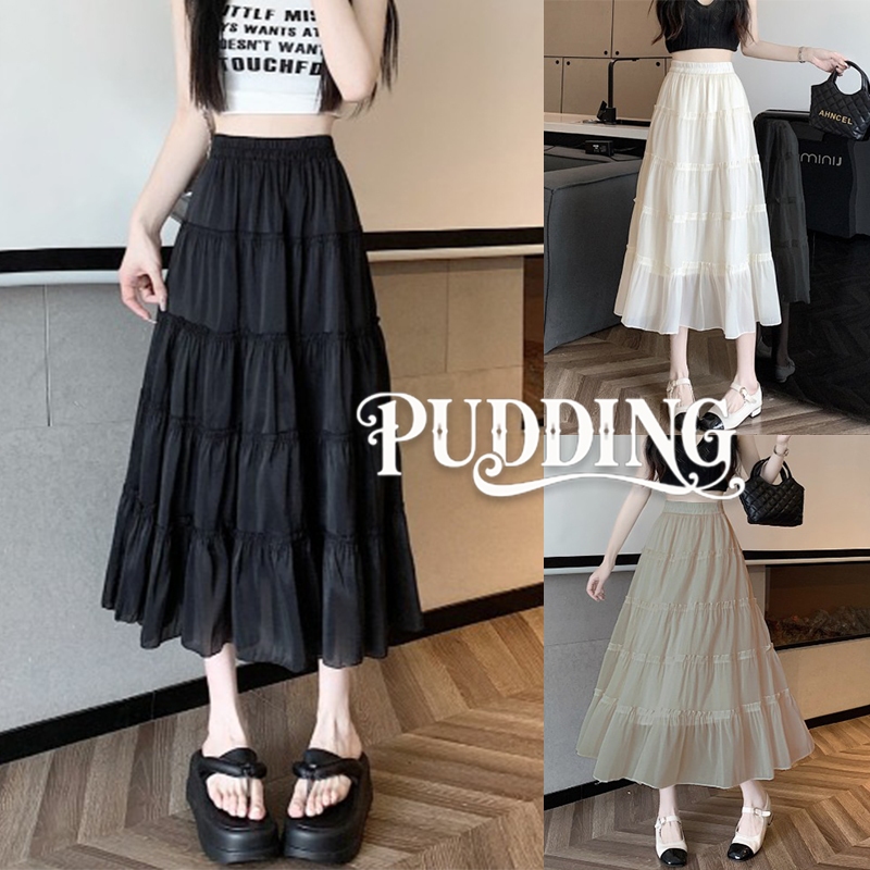 Pudding ကိုရီးယားစတိုင် မီဒီအရှည် စကတ် — အလယ်ခါး (အနက်ရောင်)