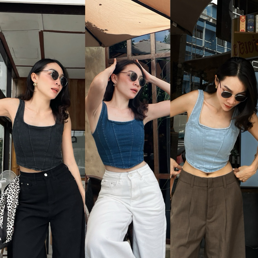 Denim tank top cropเสื้อครอปยีนส์นุ่ม ผ้ายืด