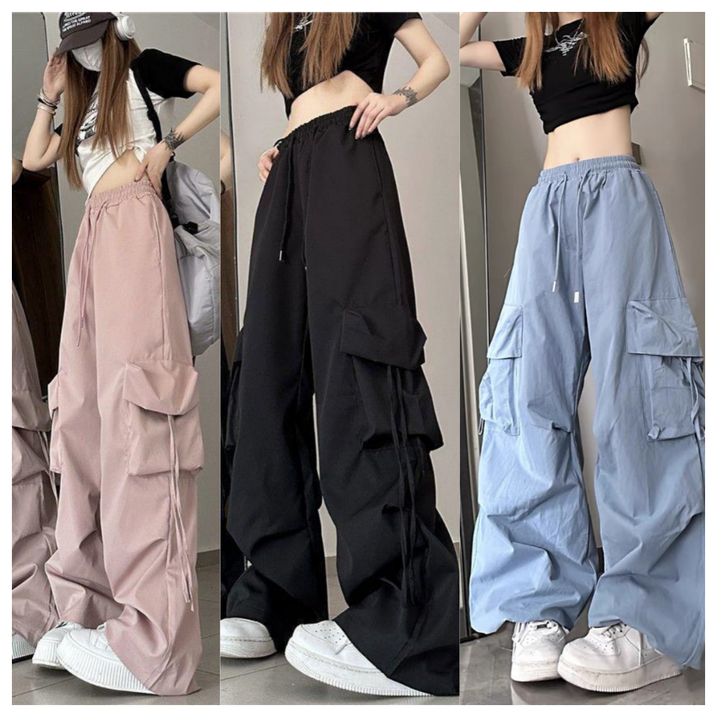 กางเกงขายาวผู้หญิงคาร์โก้เอวสูง สไตล์สตรีทมีกระเป๋าหลายใบ ใส่สบาย