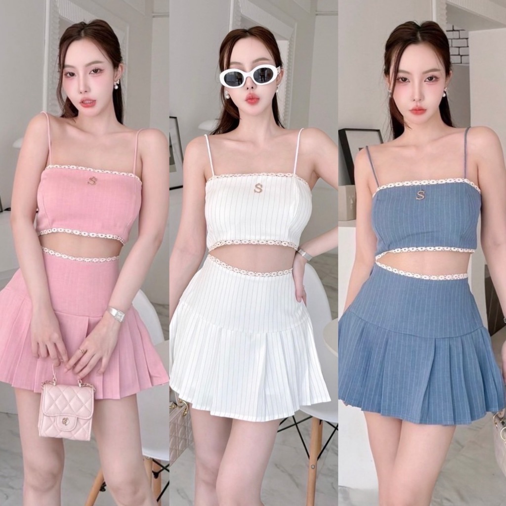 S25 - ชุดเซ็ตน่ารัก เสื้อครอปสายเดี่ยวลายริ้ว+กระโปรงซับกางเกง