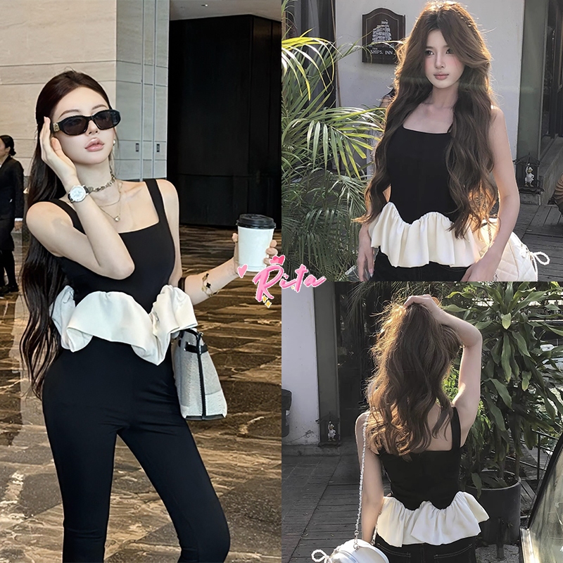 Rita พร้อมส่ง🍒เสื้อไหมพรมทรงระบาย🍒เสื้อกล้าม เสื้อรัดรูปY2K แต่งขอบบัว สไตล์บัลเล่ต์เกาหลี สําหรับผู้หญิง ใส่ง่ายใส่สบาย
