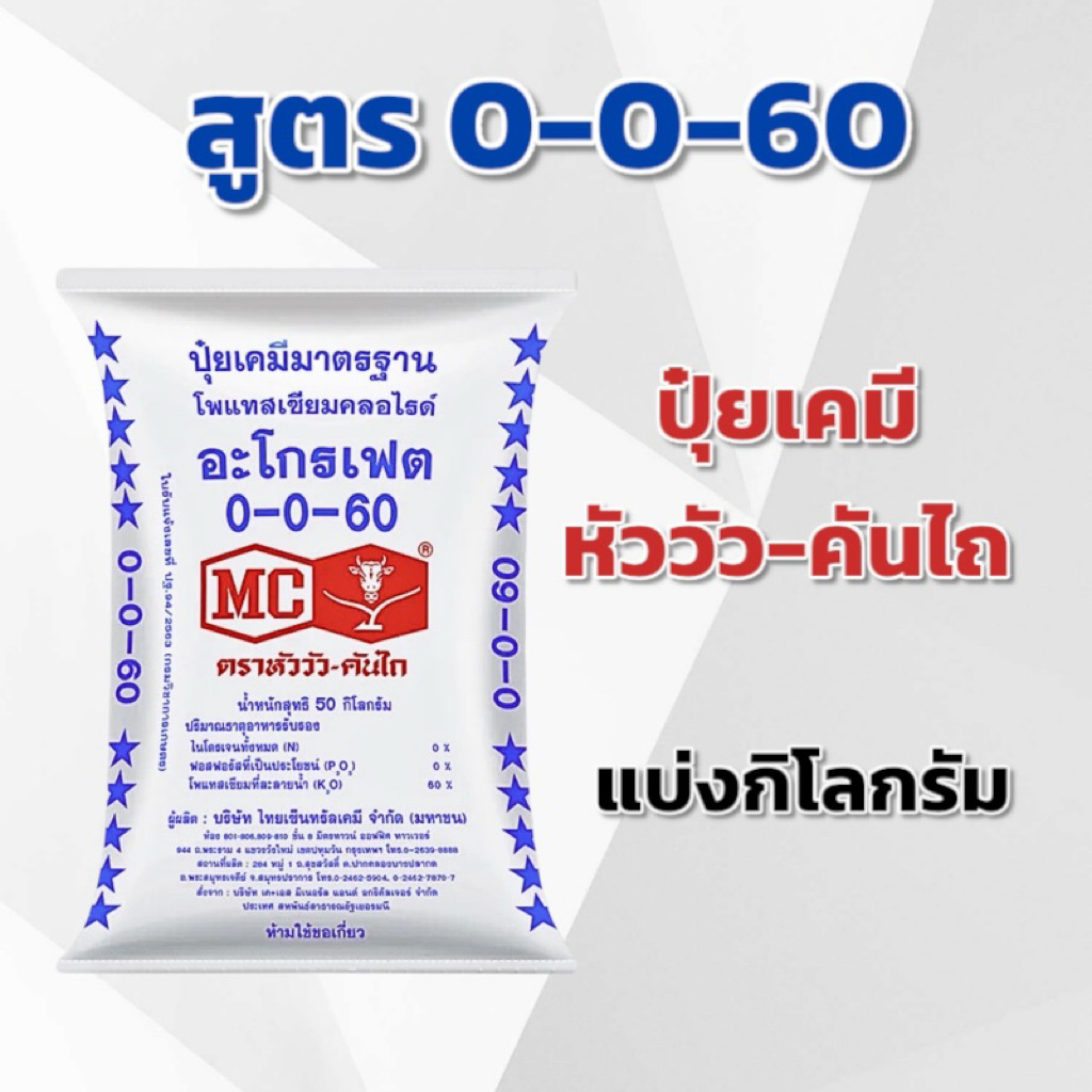 (แบ่ง 3,5,10 กิโลกรัม) ปุ๋ยเคมี 0-0-60 หัววัว-คันไถ แบ่งกิโลกรัม ตราหัววัว-คันไถ