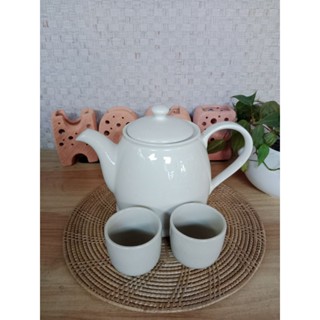 กาน้ำชาเซรามิคสีครีมพร้อมจอกชาขนาดความจุ 1200มล.