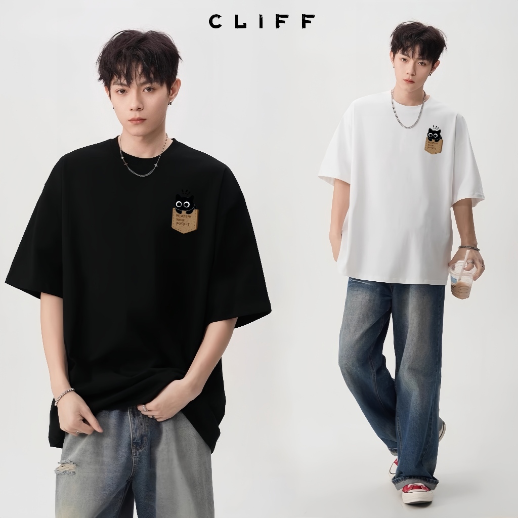 CLIFF เสื้อยืดแขนสั้น ลวดลายสัตว์ สีพื้น สไตล์วิทยาลัย ชุดคู่รัก เรียบง่ายและทันสมัย
