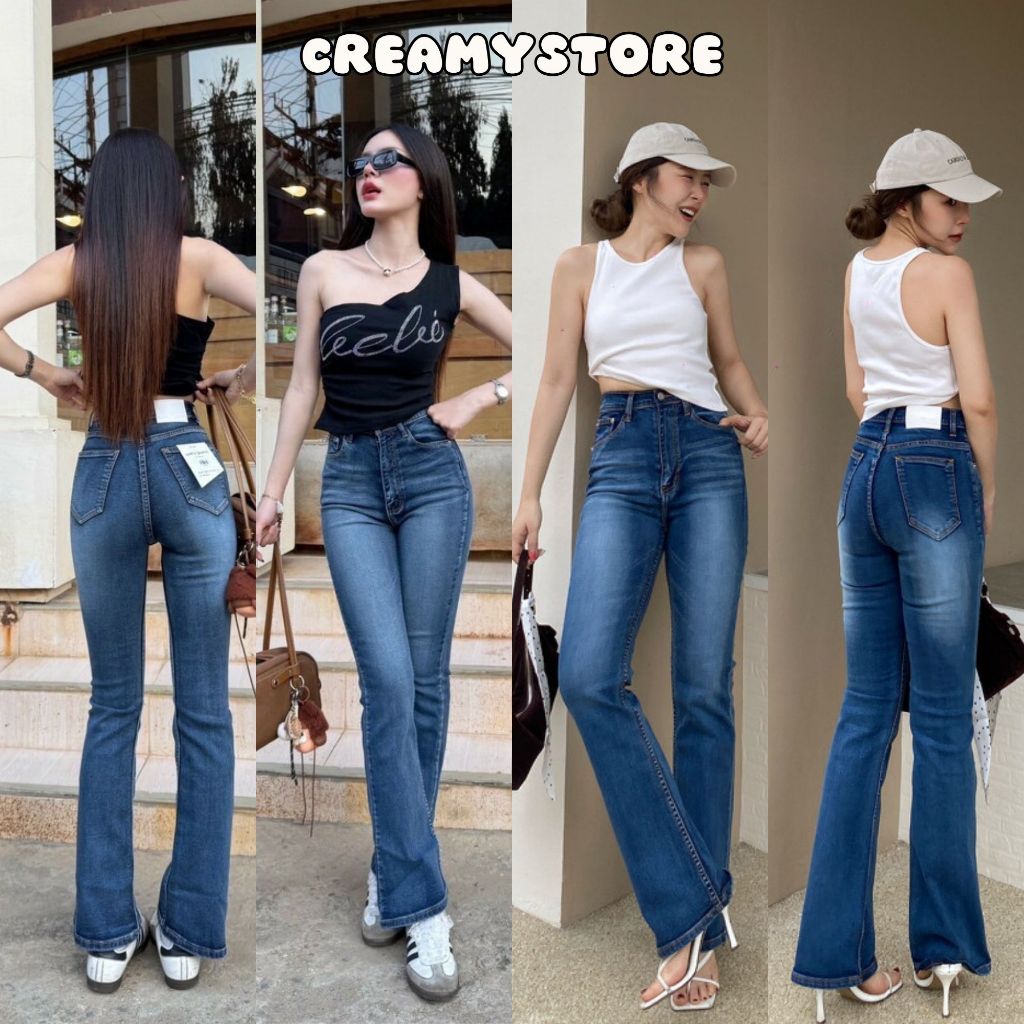 CreamyStore กางเกงยีนส์ขาม้าเอวสูง แต่งเฟดขัดหนวด สีเข้มBlue Jeans ยีนส์ยืด ป้ายYam Jeans