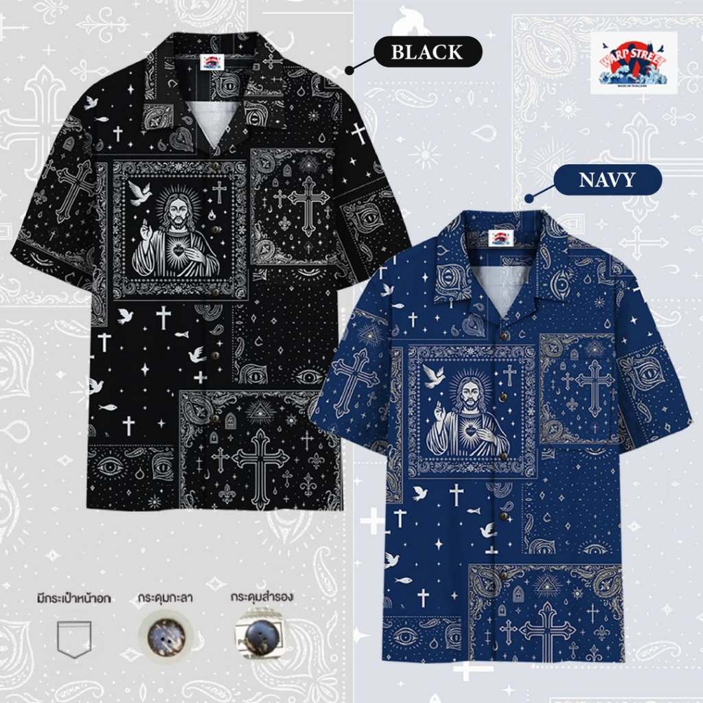 “IN GOD WE STREET” เสื้อเชิ้ตฮาวายลาย Bandana ฉบับ Warpstreet  ที่เราออกแบบลายผ้าเองทุกจุด