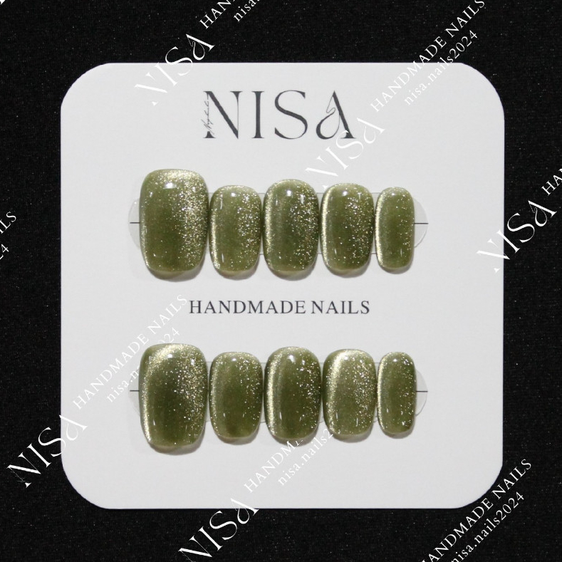 S0018 เปียกปูน ใบเตย (สั้น) Thai Sweet Pudding Cat-Eye Gel Nails เล็บปลอมสำเร็จรูปแฮนด์เมค พร้อมกล่อ