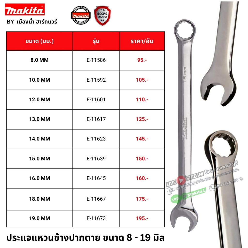 Makita ประแจ ประแจแหวนข้าง ขนาด 8-19 มิล ประแจแหวนข้างปากตาย มีหลายขนาด ของแท้