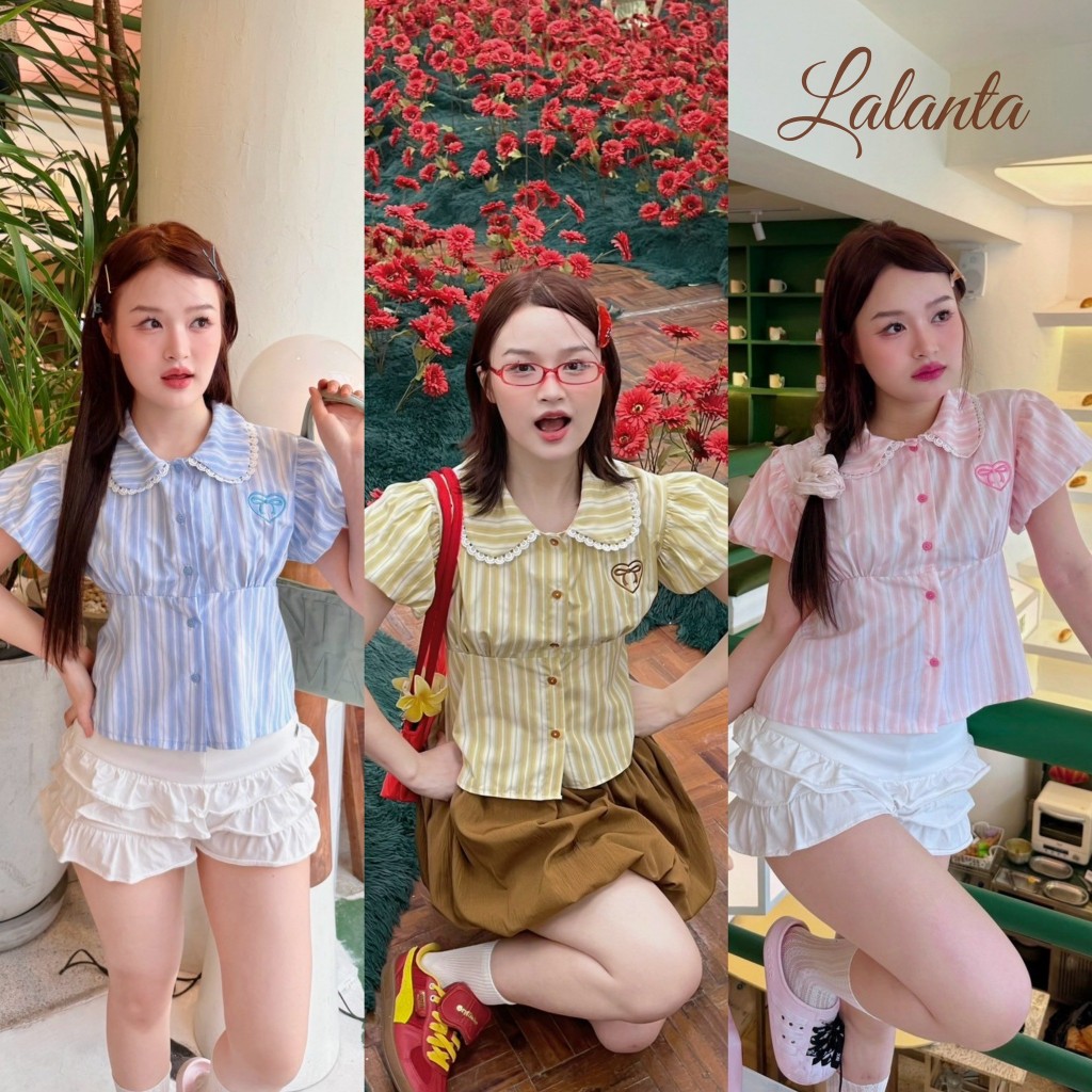 🇹🇭มีส่งด่วน🇹🇭 เสื้อคอบัว ผ้าคัตตอนผสม ผ้าครัชลายจุด #FF124