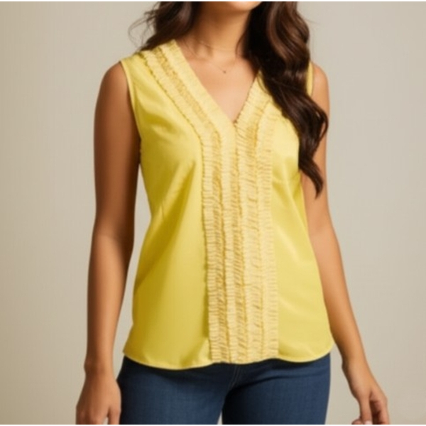 เสื้อแฟชั่น ผู้หญิง เสื้อแขนกุด สีเหลือง xact มีระบายด้านหน้า เสื้อผ้ามือสอง สภาพดี เคลียร์ตู้