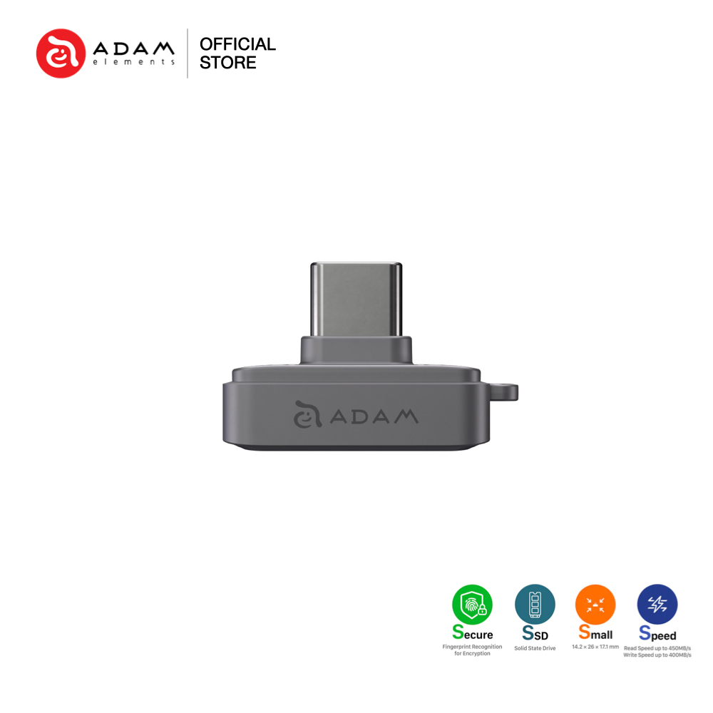 อุปกรณ์เก็บข้อมูล ADAM elements iKlips S แบบพกพาพร้อมที่สแกนนิ้ว เพื่อความปลอดภัย USB-C Nano Fingerp
