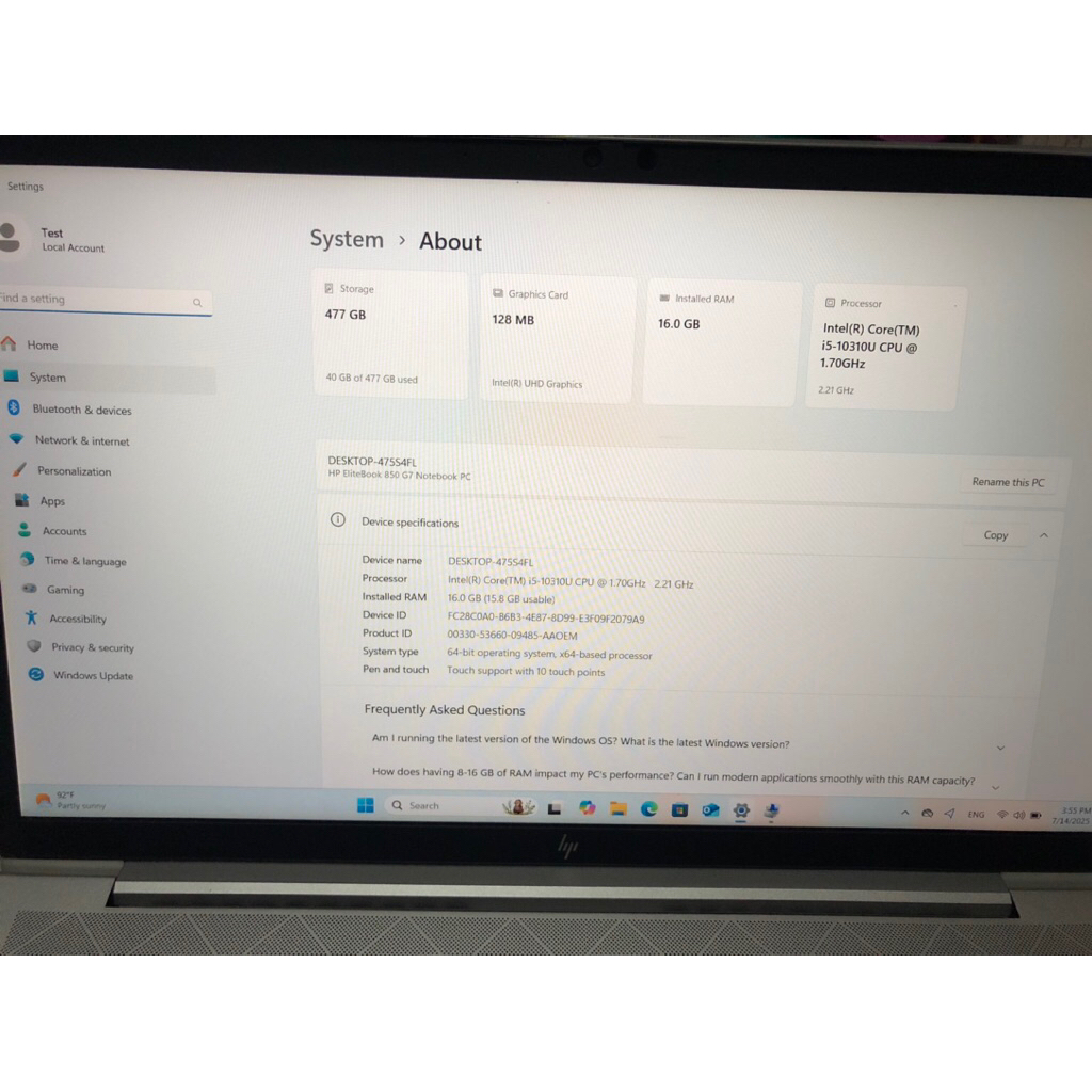 HP EliteBook 850 G7 i5 vPro 1.7ghz Ram 16G SSD M.2 512 G TouchScreen