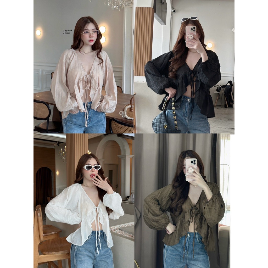 ZH04.เสื้อแฟชั่นทรงเก๋ Sora blouse  ผ้ามีทิกเจอร์ แต่งระบาย มีสายผูก สาวอวบใส่ได้