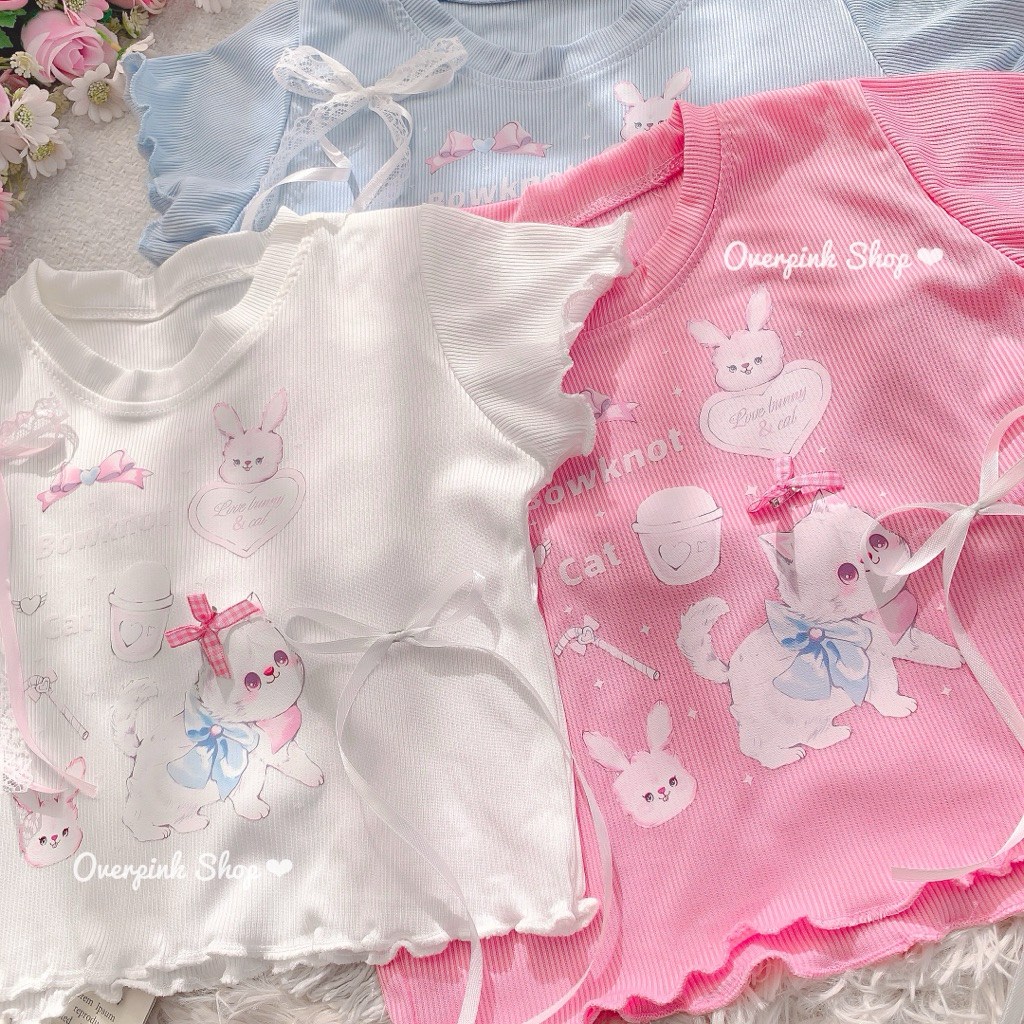 🌸OVP🌸 เสื้อยืดคอกลม ผ้าร่อง แต่งขอบหยัก สกรีนลายการ์ตูน พร้อมเข็มกลัดโบว์ลายสก็อต เสื้อยืดลายการ์ตูน เสื้อเอวลอย - รูปที่ 2