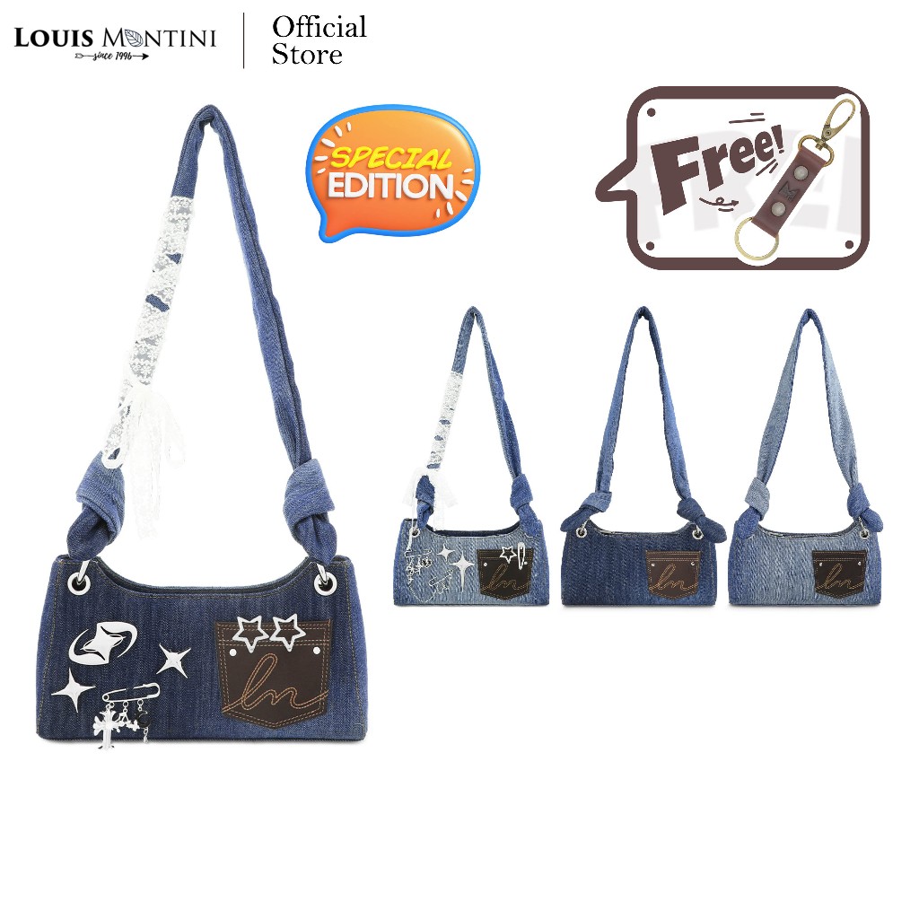 [ส่งด่วนฟรี] Louis Montini (JEANS) กระเป๋าสะพายข้าง shoulder bag ผ้ายีนส์ผสมหนังวัวเเท้ JEAN04