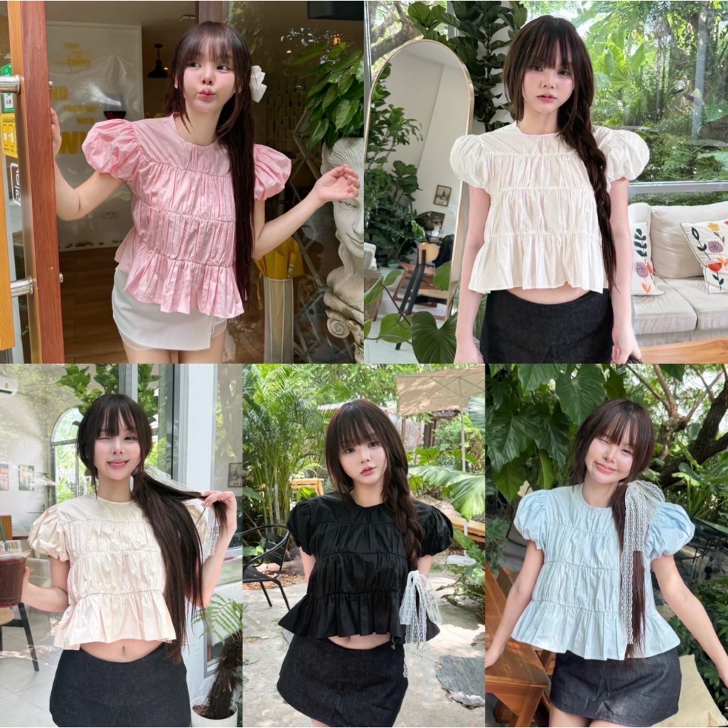 เสื้อคอกลมแขนพอง เสื้อครอปตัวสั้นคอกลมแต่งจีบเอว น่ารัก สีขาว มินิมอล สายคาเฟ่ NUSA (N008).