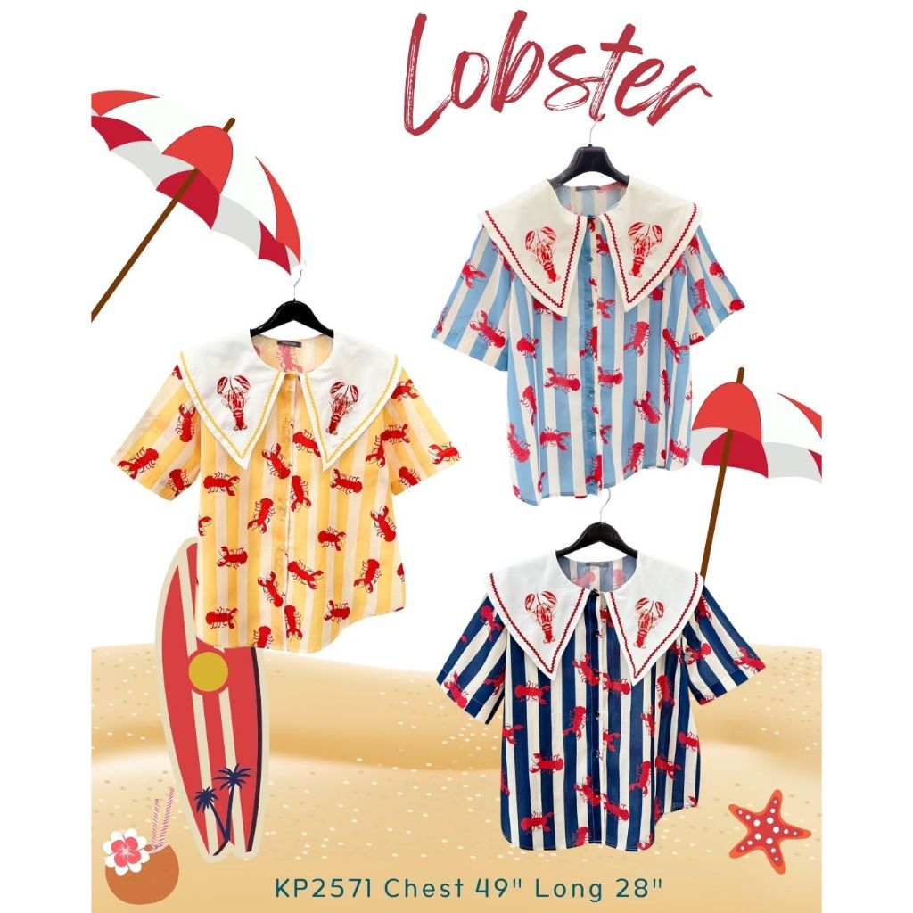 Lobster อก49เชิ้ตแขนสั้นปักกุ้งล็อบสเตอร์เนื้อผ้าพิมลายกุ้งสุดเก๋เริ่ดๆแมทช์คู่กับกางเกงหรือระโปรงก็เริ่ดด2571