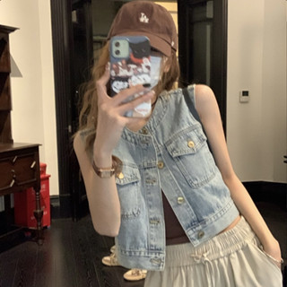 เสื้อกั๊กยีนส์สไตล์เรโทร เสื้อกั๊ก แจ็คเก็ต เสื้อคลุมตัวนอกผ…