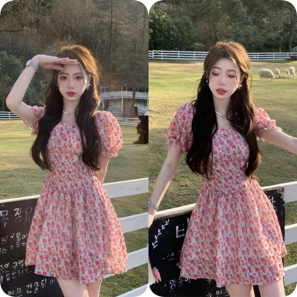 เดรสลายดอกไม้สีชมพู คอเหลี่ยม แขนพอง กระโปรงสั้น เอวเข้ารูป สไตล์ฝรั่งเศสหวาน เหมาะสำหรับคนตัวเล็ก