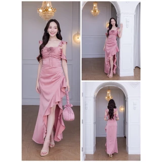 ชุดออกงาน ชุดเพื่อนเจ้าสาว koolykool(พร้อมส่ง S-2XL) CHสายระบายอ้อมแขนอกรูดๆมีฟองน้ำ กประบายย้วย แถมเข็มกลัดดอกไม้ 1 ดอก