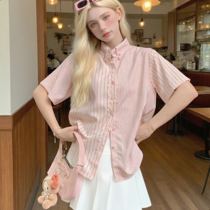 เสื้อเชิ้ตแขนสั้น ลายทาง สีชมพูน่ารัก – โปรปัง