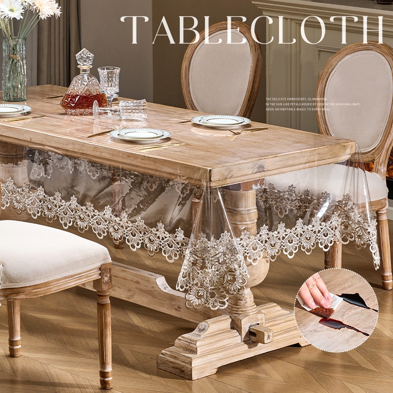 ZPLIFE โปร่งใส ผ้าปูโต๊ะ วัสดุ PVC อัพเกรด กันน้ํา100% กันน้ำมันทนร้อน แต่งขอบลูกไม้ปักสองสี