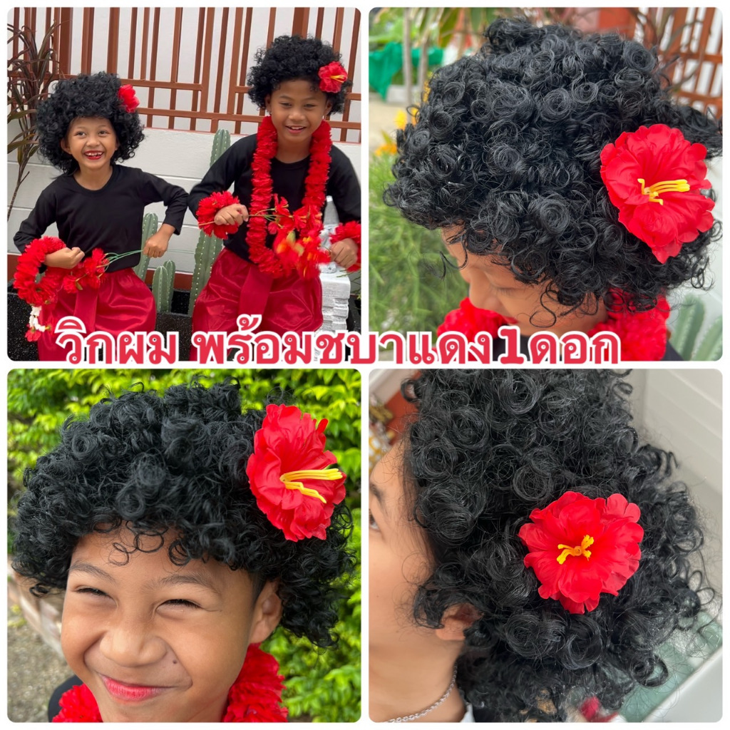 วิกผม วิกผมฟูสีดำพร้อมดอกชบาสีแดง วิกผมหยิกเจ้าเงาะ วิกเงาะป่า คอตตูมวิกการแสดง วันภาษาไทย วิกผมดำฟูปีใหม่ สงกรานต์