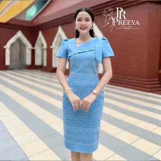 PR150 เดรสผ้าฝ้ายทอลาย ยกแขน อัดกาวทั้งชุด แบรนด์ preeya มีไซส์S-4XL