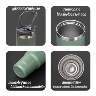 TYESO แก้วน้ำเก็บความเย็นเเละร้อน รุ่นหูหิ้ว สแตนเลส 304 ขนาด 600ml-1200ml ฝา 2 หัวดื่ม