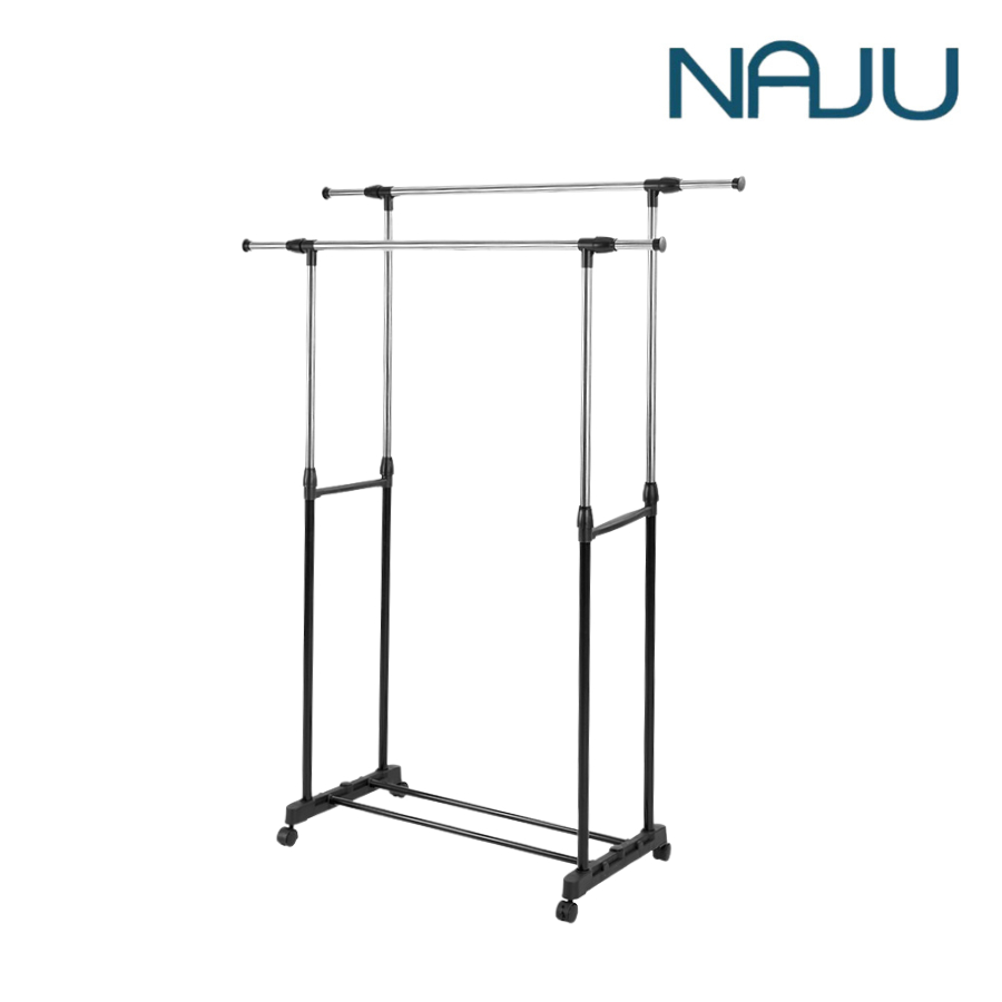 Naju ราวตากผ้าสแตนเลส 2 ชั้น พับได้ ล้อเลื่อน ทนสนิม แข็งแรง ใช้ในบ้าน/นอกบ้าน ประหยัดพื้นที่