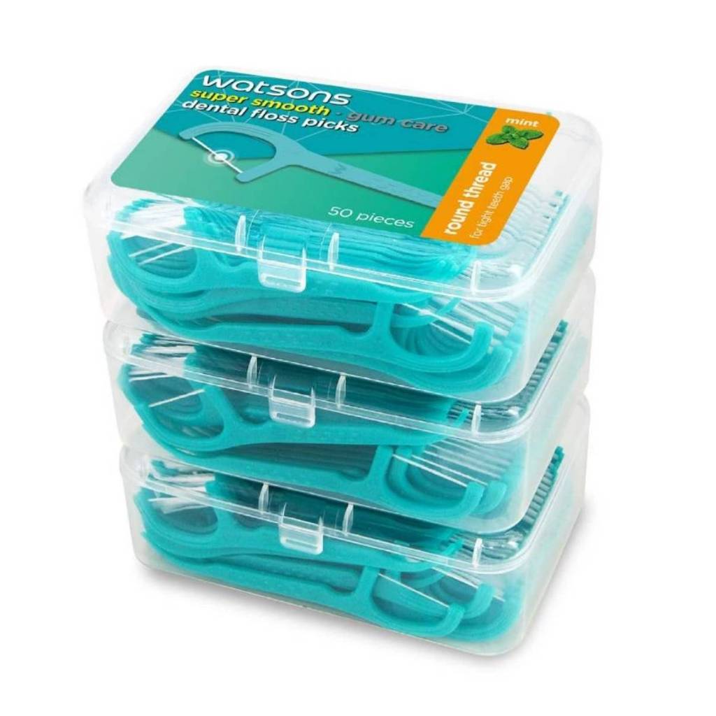 Watsons 50 ชิ้น​ x3 กล่อง วัตสัน ก้านขัดฟัน ไหมขัดฟัน​ เส้นกลม แบน​ ชนิดด้าม​ Watson