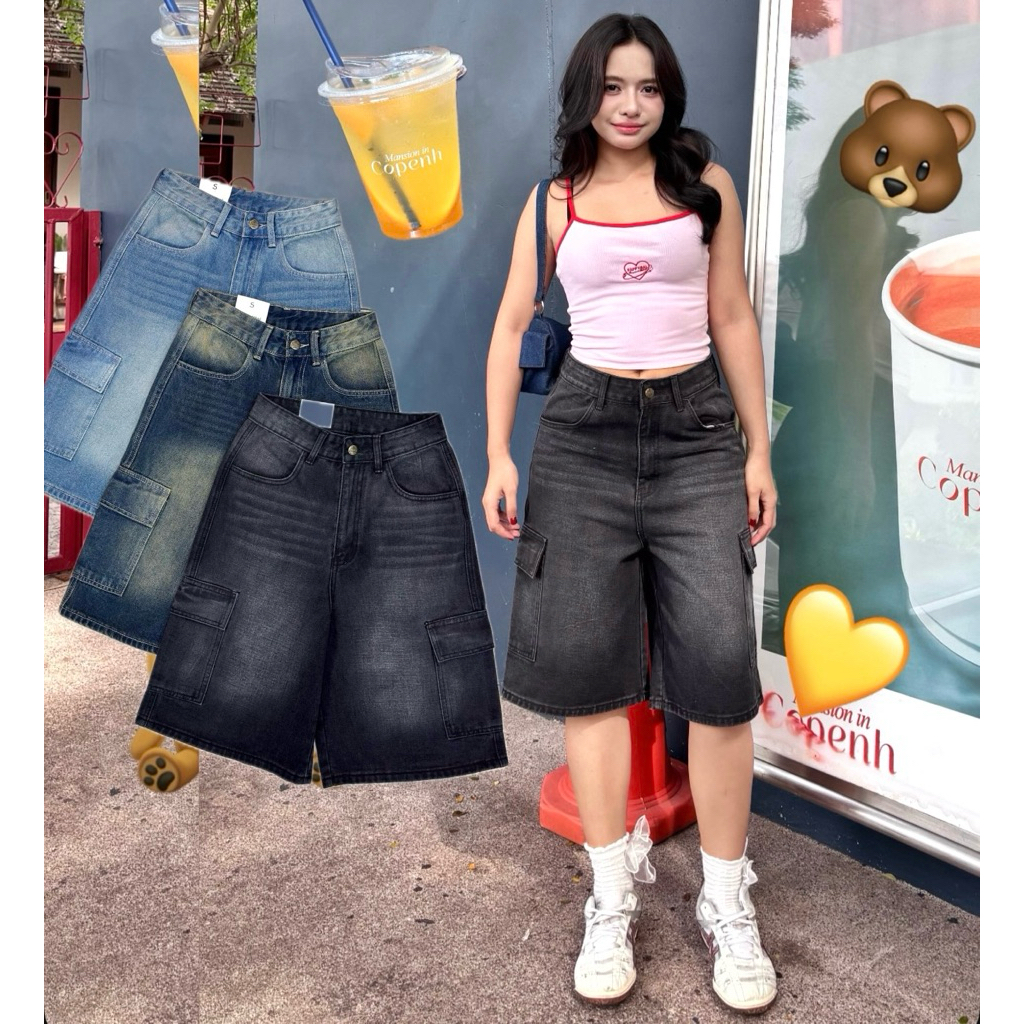 เอว 26-42 (Happygal) กางเกงคาโก้ 5 ส่วนทรง jort jeans