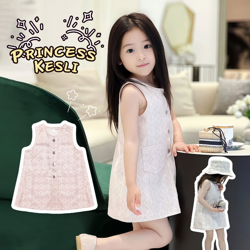 PRINCESS KESLI เสื้อผ้าเด็กเกาหลี เดรสแขนกุดลายตารางเพชรระดับสูง ชุดเด็ก 2-12 ปี