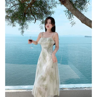 ชุดเดรสผู้หญิง ดีไซน์ระบาย ทรงเข้ารูป เอวเข้ารูป สไตล์ฝรั่งเศส เดรสแขนกุด สายเดี่ยว