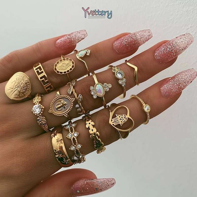 ร้านค้าไทย🔥แหวน15 ชิ้นเบงเกอแฟชั่นวินเทจหัวเหรียญทองข้ามดอกไม้หัวใจปาล์มเครื่องประดับของขวัญวันหยุดอุปกรณ์เสริม