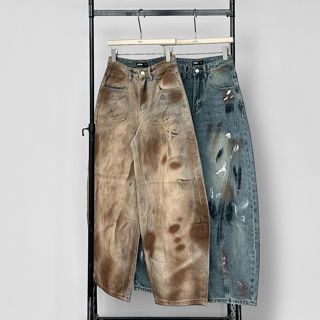 Atipashop - CANVAS CLASH BARREL JEANS กางเกงยีนส์ ขายาว ทรงบาเรล ดีเทลพ้นสี