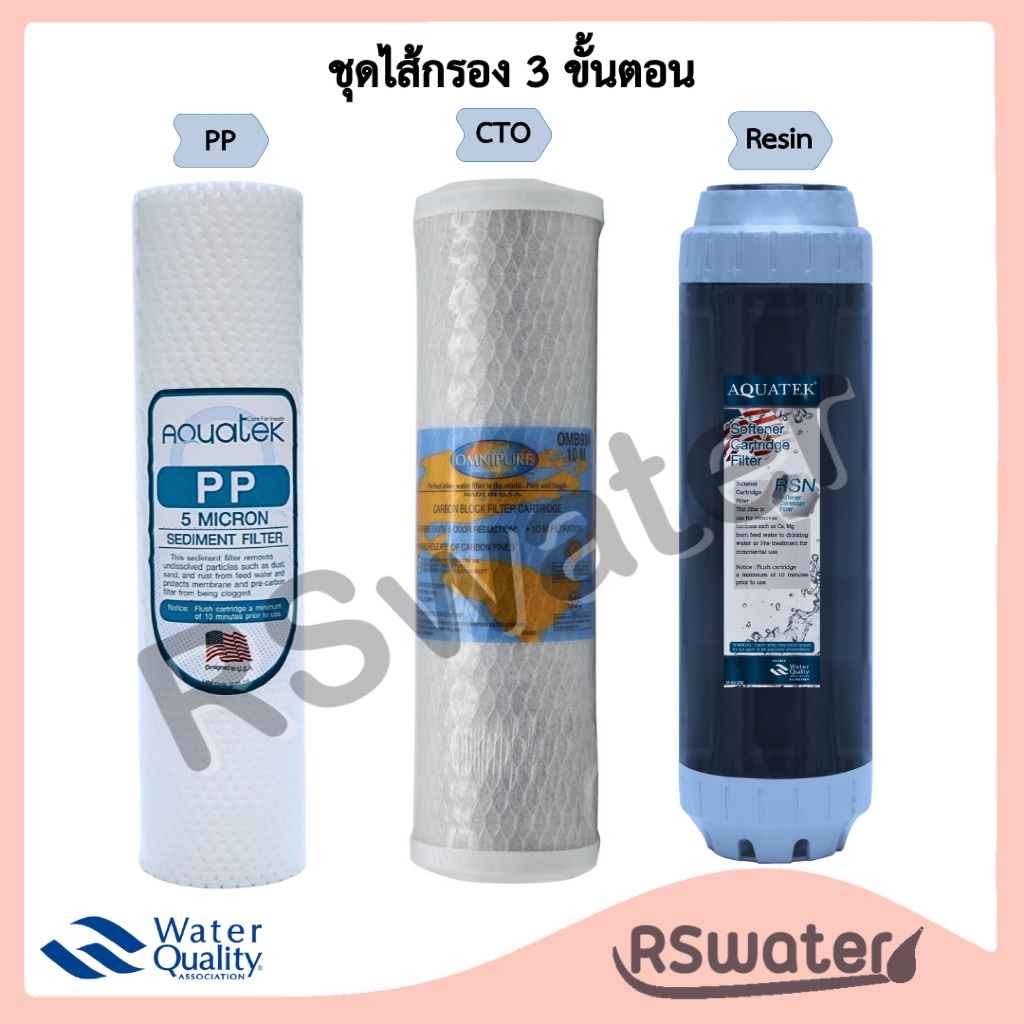 Aquatek x Omnipure ชุดไส้กรองน้ำ 3 ขั้นตอน พีพี คาร์บอนบล็อค เรซิ่น 10 นิ้ว Set PP Carbon Block CTO Resin USA