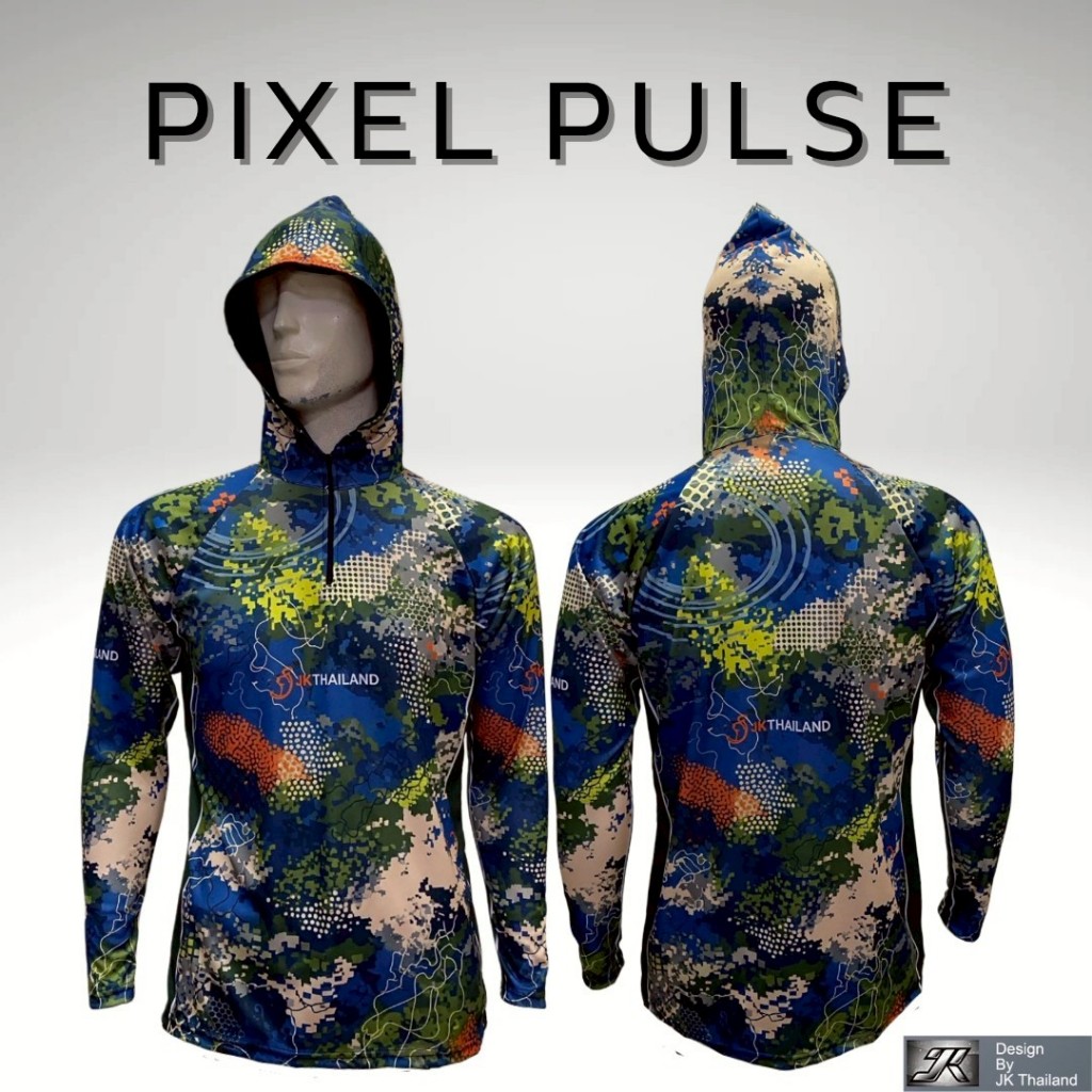 Pixel Puls พราง เสื้อตกปลา คอตั้ง ฮู้ด แขนยาว JK Thailand เสื้อกันยูวี ป้องกันรังสี UV 80% แห้งเร็ว