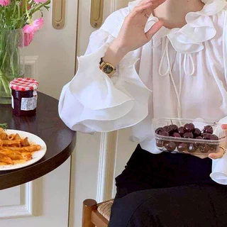 K607 💗 เสื้อ White Shirt สไตล์ลูกคุณหนูเกาหลี S-XXXL รอบอกใหญ่สุดถึง 60 นิ้ว แต่งคอปกระบาย เหมาะใส่ไปงานต่างๆ 💗