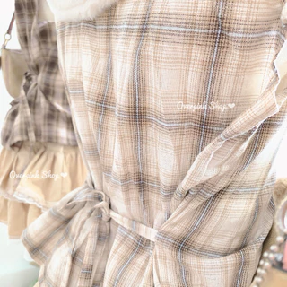 🌸OVP🌸 Earth Tone เสื้อคอบัว แขนดอลลี่ ผ้าลายสก็อต สีน้ำตาล กระดุมหน้าใช้ได้ เสื้อเชิ้ต