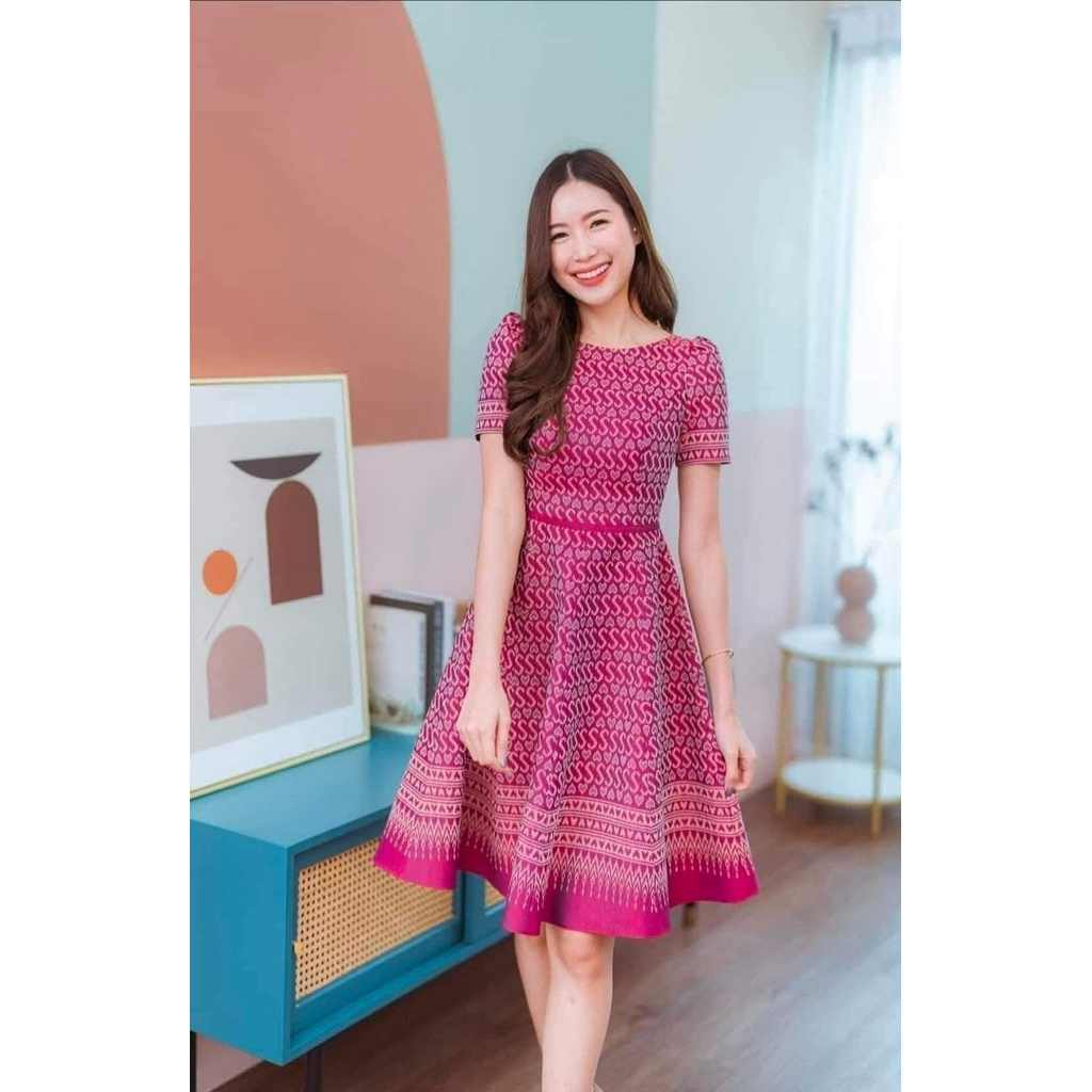 เดรสผ้าทอ เดรสผ้าไทย La Sisters สีชมพูบานเย็น