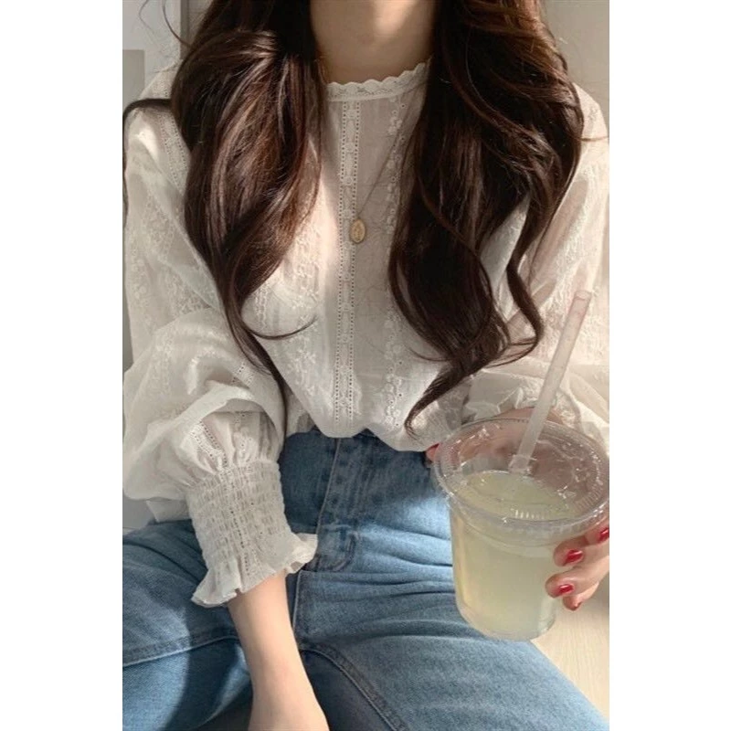 LUNA~คอกลม ลูกไม้ แขนยาว เสื้อเชิ้ต เวอร์ชั่นเกาหลี สไตล์ใหม่