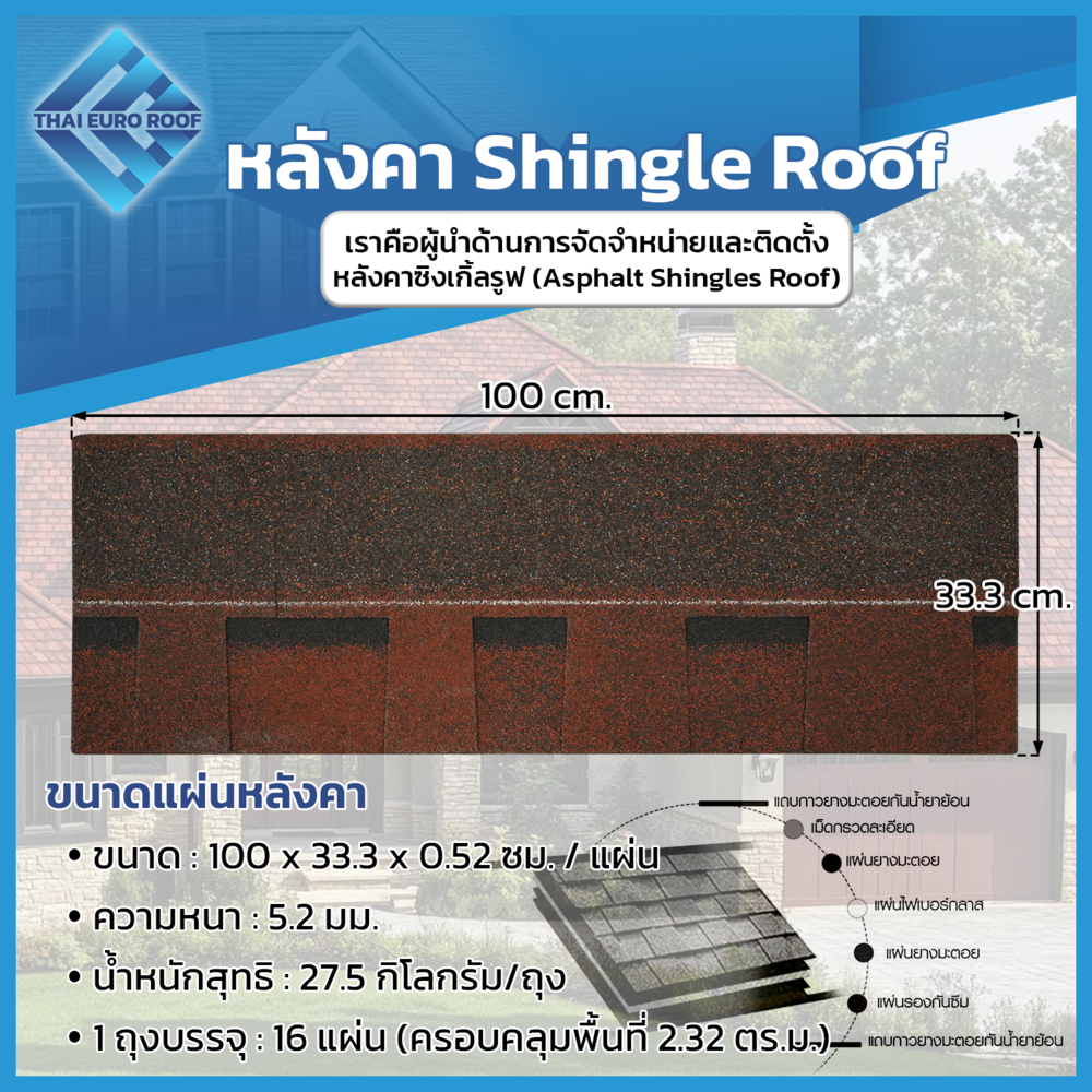Thai Euro Roof หลังคาชิงเกิ้ลรูฟ Shingles Roof ขนาด 100×33.3 ซม. หนา 5.2 มม. แข็งแรง คุณภาพดี (แบ่งขาย 1 แผ่น / แพ็ก)
