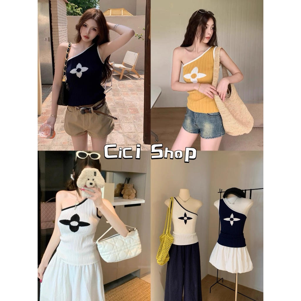 Cicishop (B8615) เสื้อแขนกุดเปิดไหล่ข้างนึง ลายดอกไม้ เข้ารูป ผ้าไหมพรมยืด สีสันสดใสวัยโจ๋