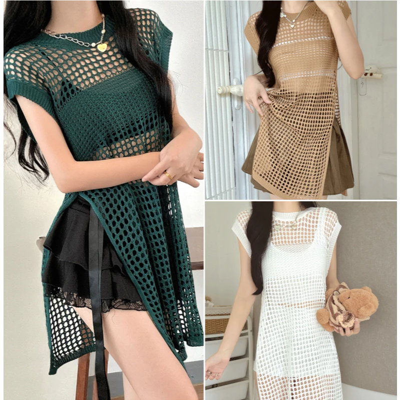 เสื้อแขนกุดแบบยาวผ้าไหมพรม เนื้อผ้านุ่ม ใส่สบาย ชุดเดรสตาข่าย ชุดใส่เที่ยวชุดใส่เที่ยวทะเล