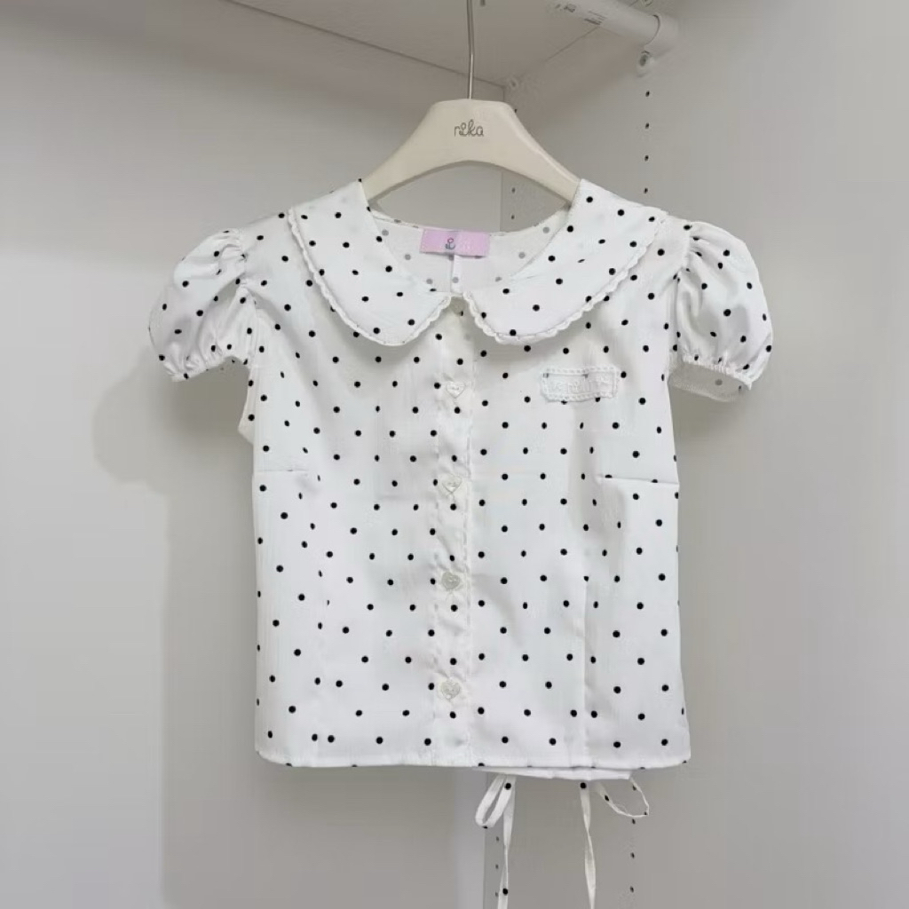 RIKA น้องโซล เสื้อคอบัวแขนจั้มตุ๊กตาผูกหลัง สีขาวลายจุด