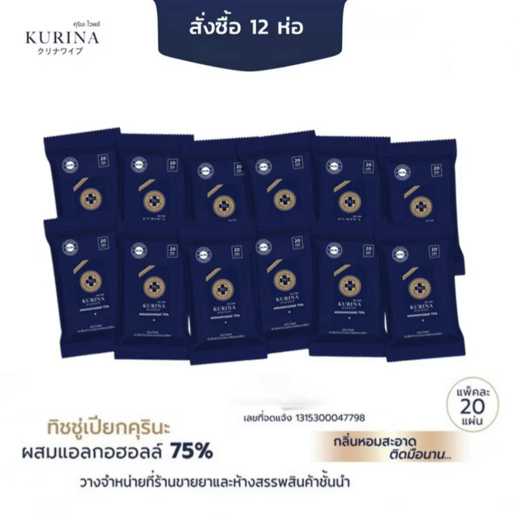 (พร้อมส่ง) คุรินะทิชชู่เปียกฆ่าเชื้อโรคผสมแอลกอฮอล์75% จำนวน 12 แพ็ค